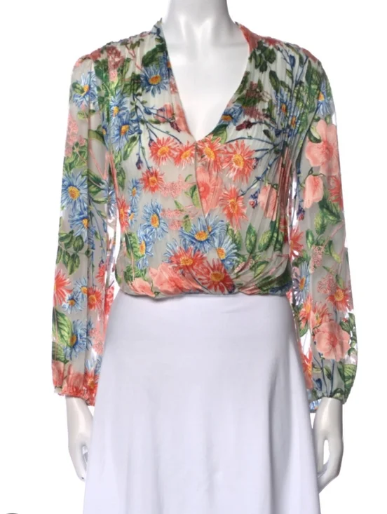 Alice + Olivia Trista Silk Blend Cross Front Blouson Top Floral Print Sz.M - Picture 3 of 8